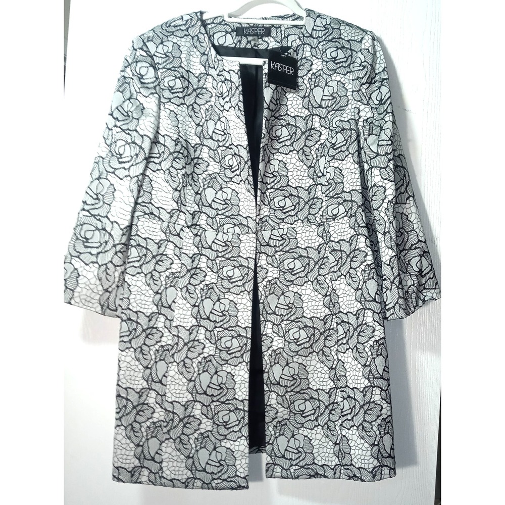 Kasper Womens Sz 14 black white Blazer Open Cardigan Brocade Embroidered Floral